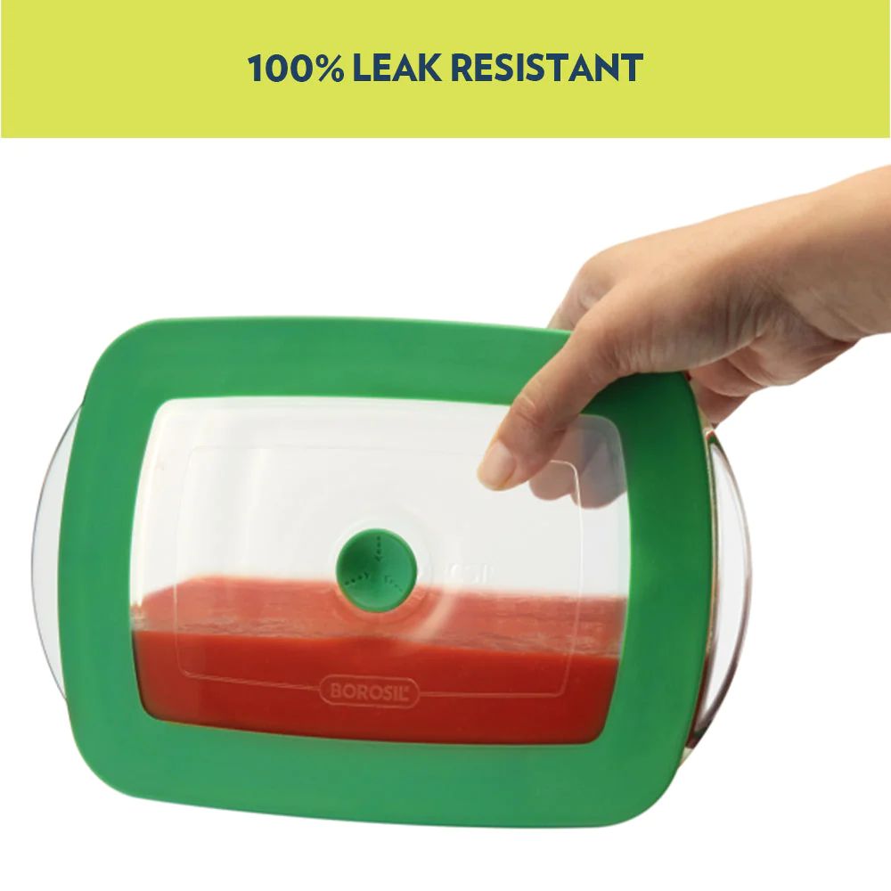 Borosil Rectangular Dish with Green Lid | Microwave & Oven Safe | Transparent | 1 Pc
