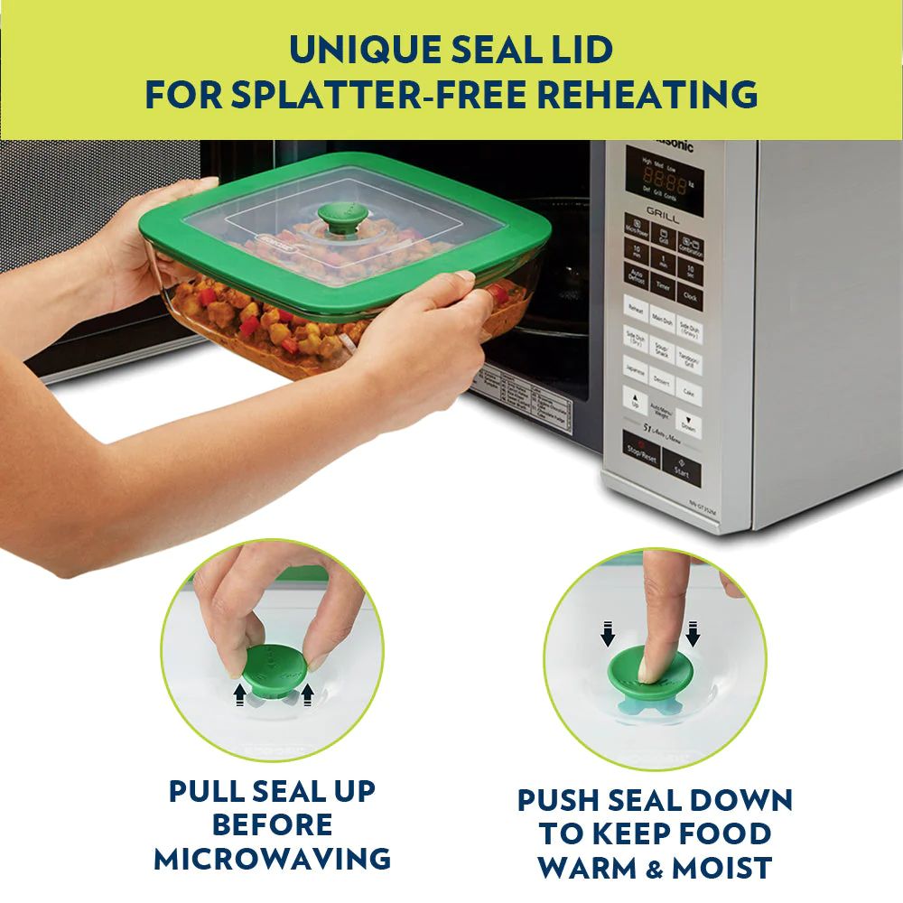 Borosil Rectangular Dish with Green Lid | Microwave & Oven Safe | Transparent | 1 Pc