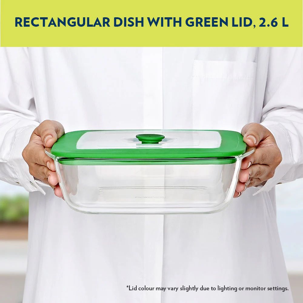 Borosil Rectangular Dish with Green Lid | Microwave & Oven Safe | Transparent | 1 Pc