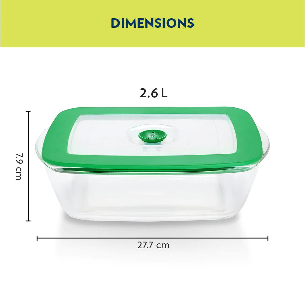 Borosil Rectangular Dish with Green Lid | Microwave & Oven Safe | Transparent | 1 Pc