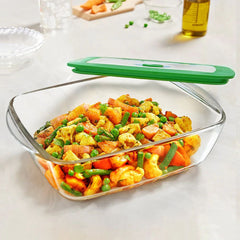 Borosil Rectangular Dish with Green Lid | Microwave & Oven Safe | Transparent | 1 Pc
