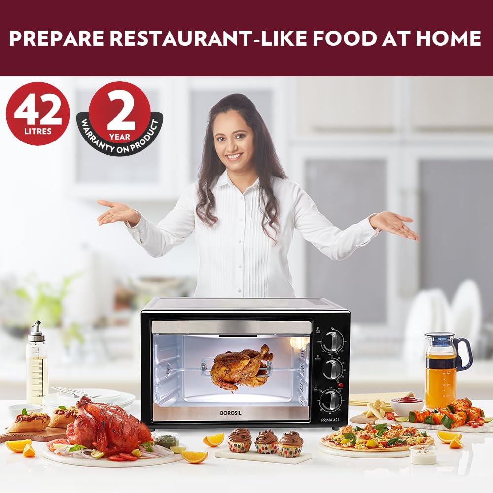 Borosil Prima 42 Litres Digital Oven Toaster & Grill | Motorized Rotisserie & Convection Heating | Silver & Black