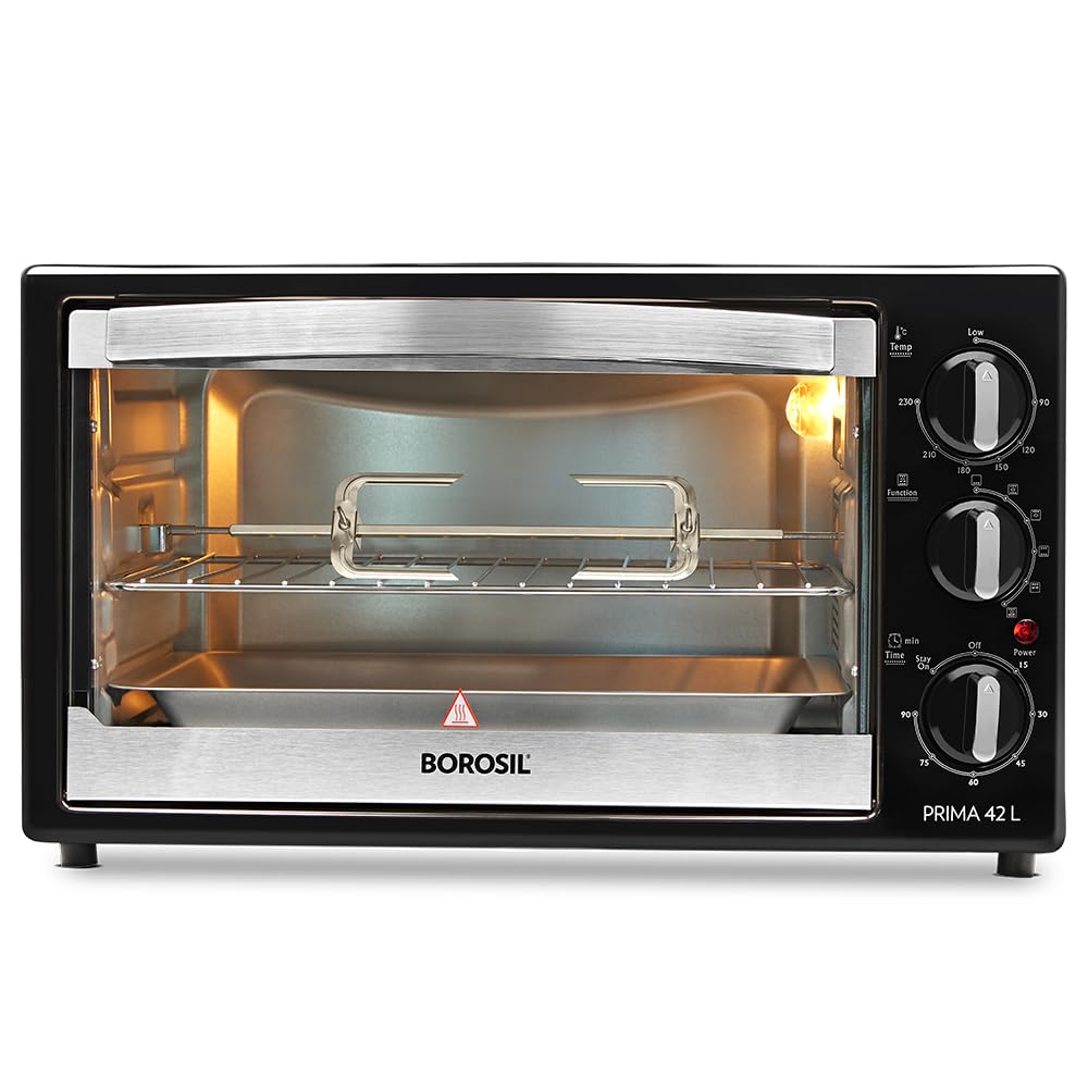 Borosil Prima 42 Litres Digital Oven Toaster & Grill | Motorized Rotisserie & Convection Heating | Silver & Black