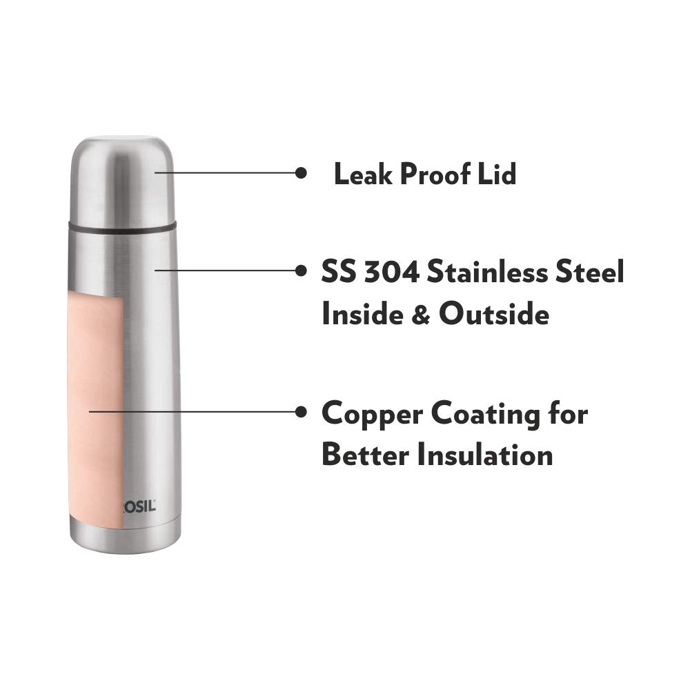 Borosil Stainless Steel Hydra Thermo Vacuum Insulated Flask | Silver & Black | 1 Pc