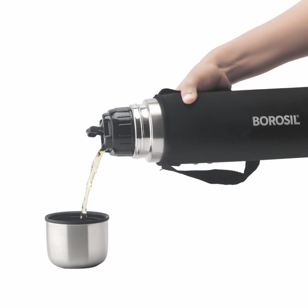Borosil Stainless Steel Hydra Thermo Vacuum Insulated Flask | Silver & Black | 1 Pc