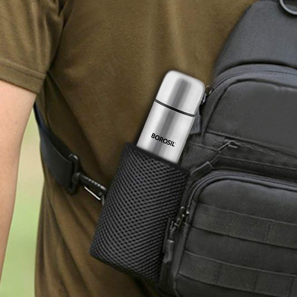 Borosil Stainless Steel Hydra Thermo Vacuum Insulated Flask | Silver & Black | 1 Pc