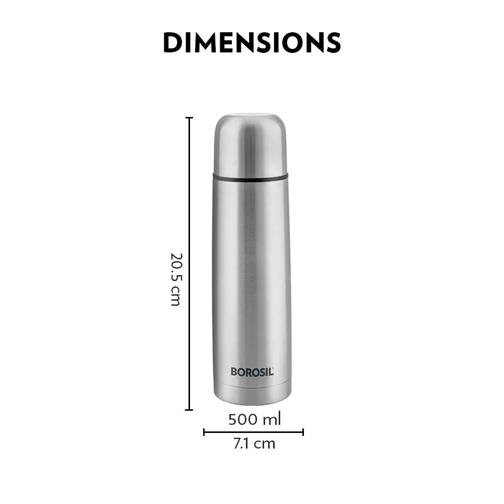 Borosil Stainless Steel Hydra Thermo Vacuum Insulated Flask | Silver & Black | 1 Pc