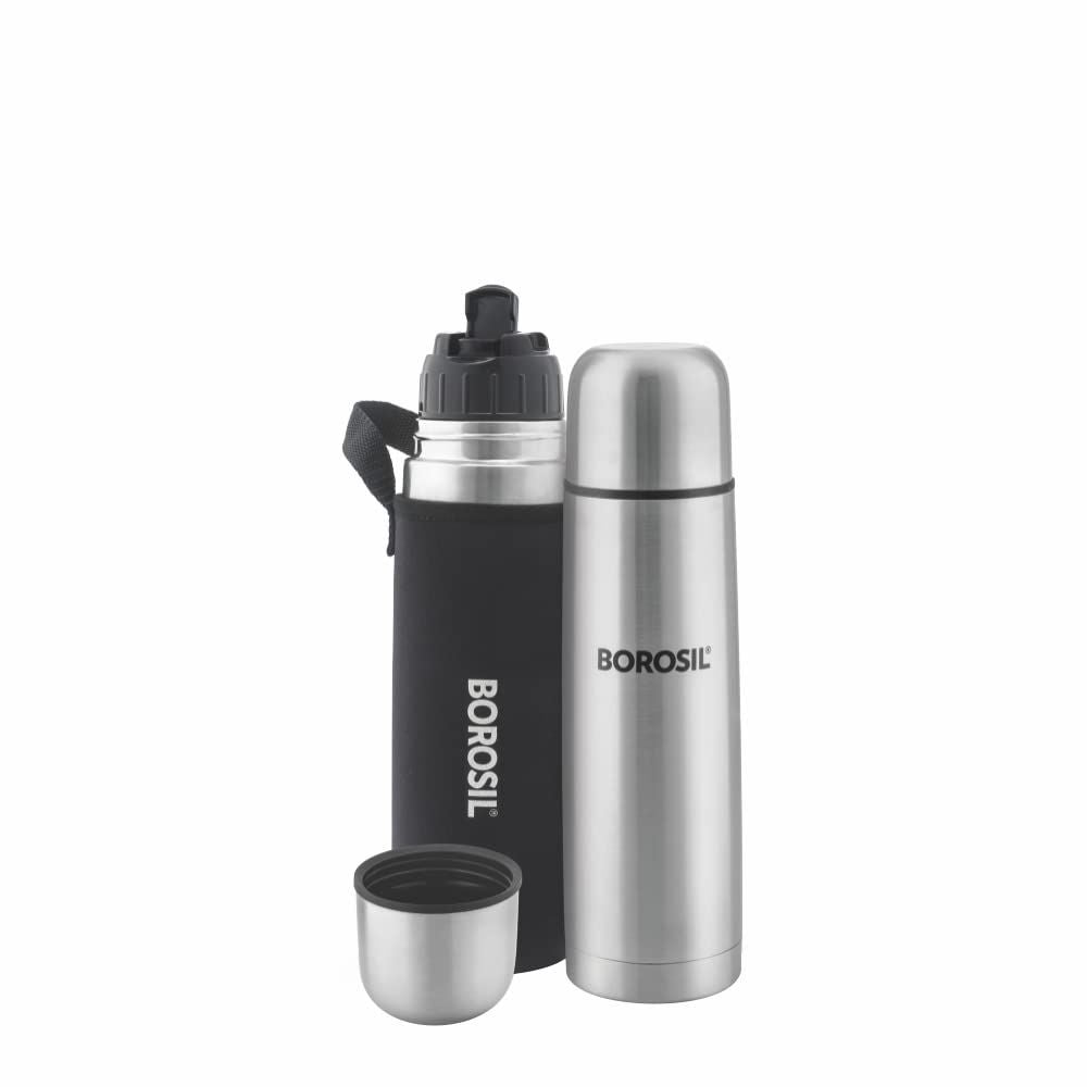 Borosil Stainless Steel Hydra Thermo Vacuum Insulated Flask | Silver & Black | 1 Pc