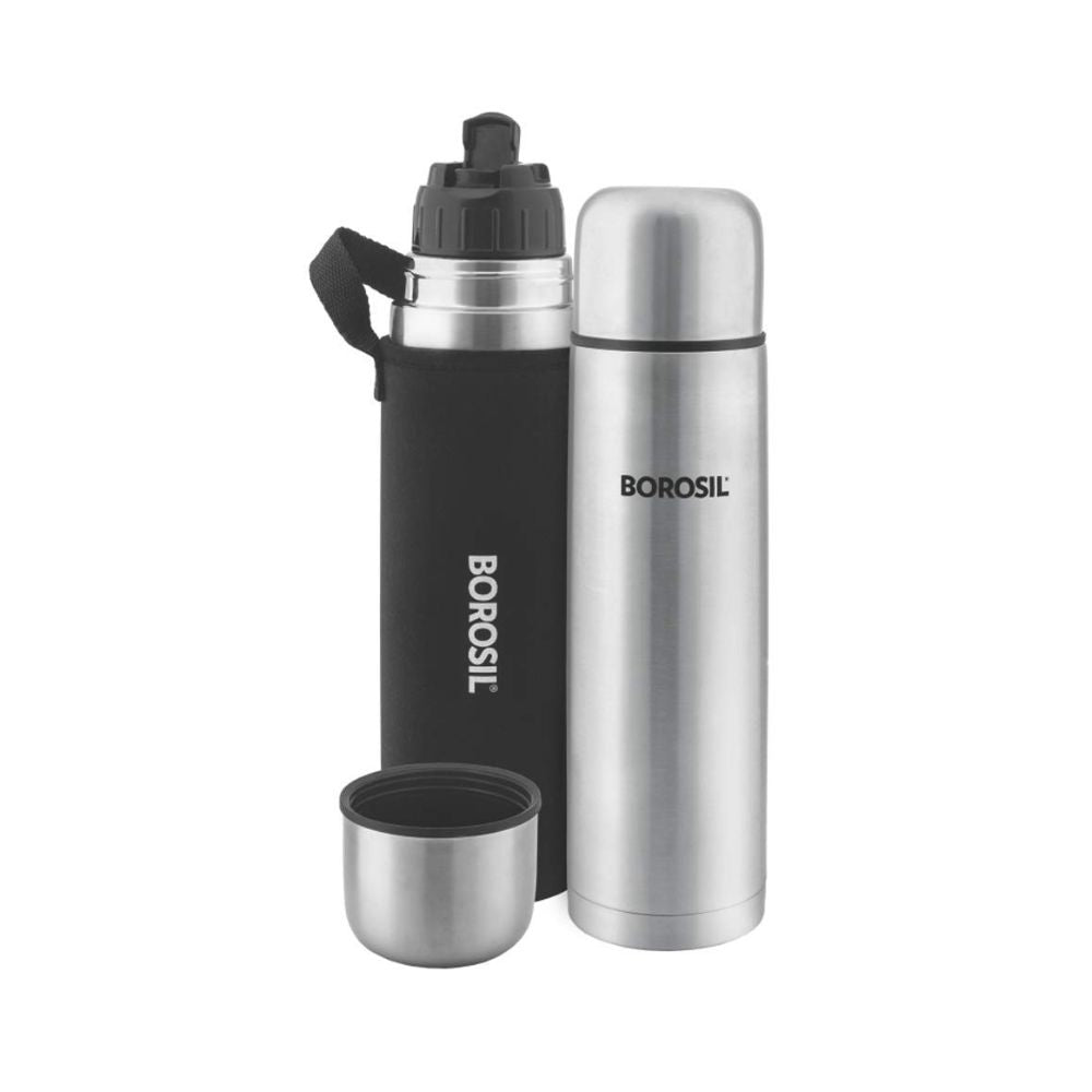 Borosil Stainless Steel Hydra Thermo Vacuum Insulated Flask | Silver & Black | 1 Pc