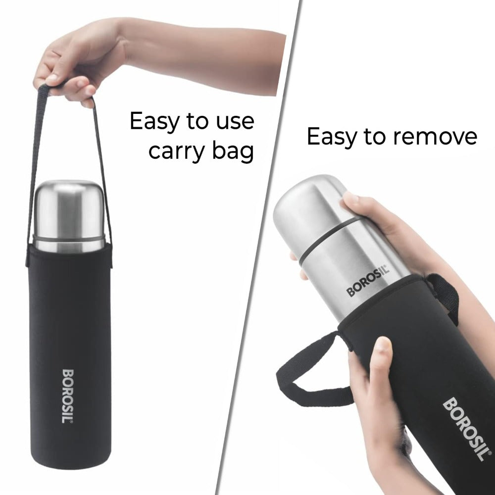 Borosil Stainless Steel Hydra Thermo Vacuum Insulated Flask | Silver & Black | 1 Pc