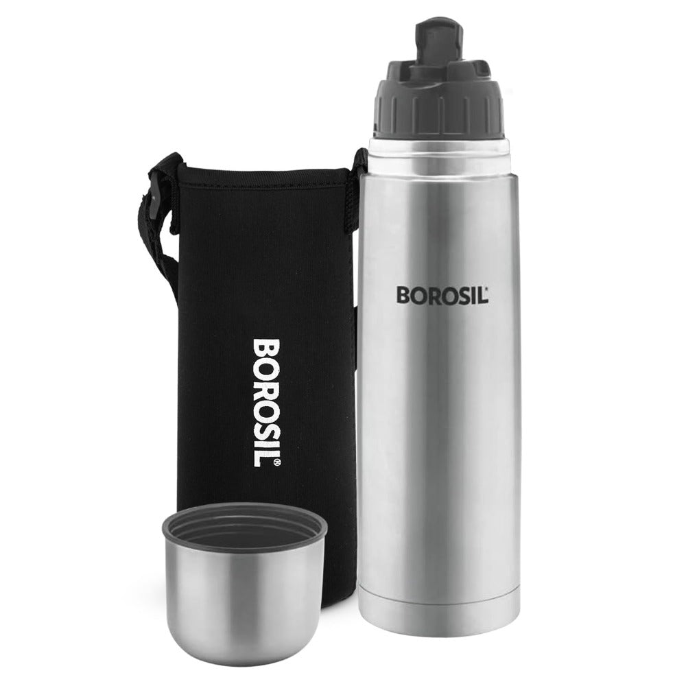 Borosil Stainless Steel Hydra Thermo Vacuum Insulated Flask | Silver & Black | 1 Pc