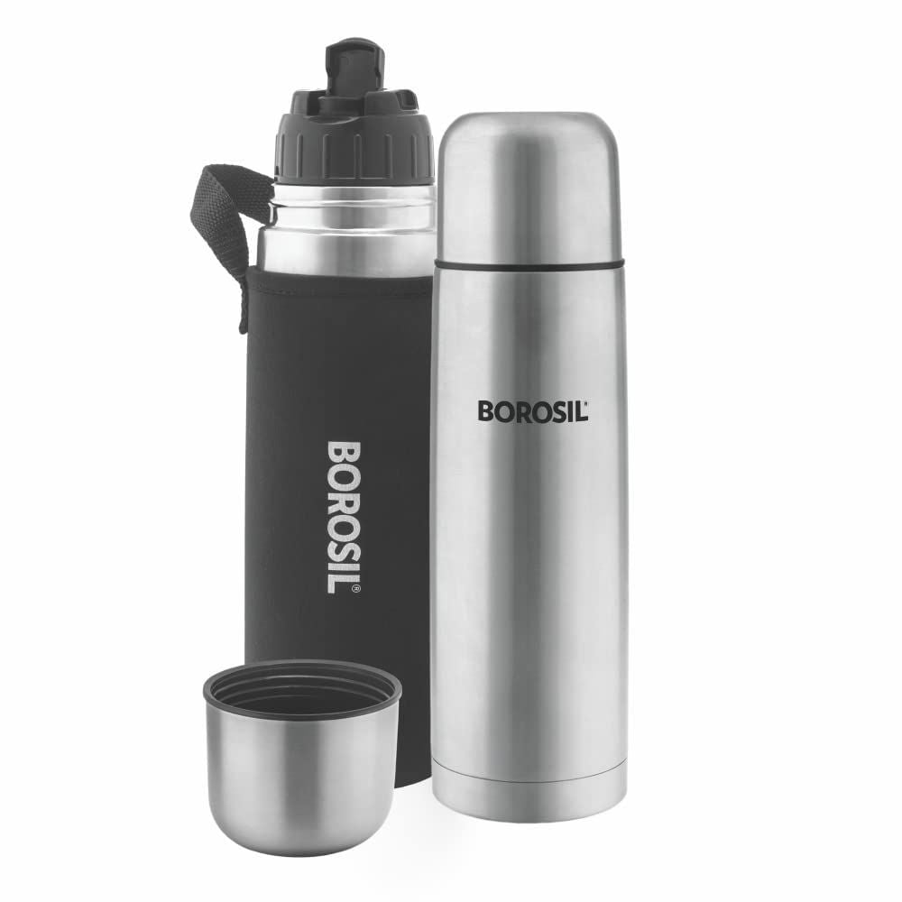 Borosil Stainless Steel Hydra Thermo Vacuum Insulated Flask | Silver & Black | 1 Pc