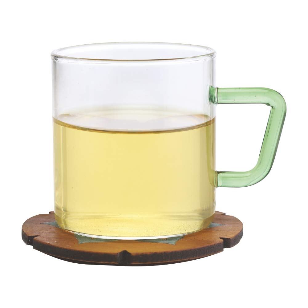 Borosil Vision Classic 190 ML Mug with Green Handle | Transparent | Set of 6 Pcs
