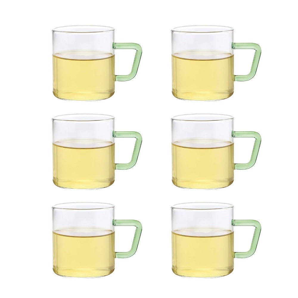 Borosil Vision Classic 190 ML Mug with Green Handle | Transparent | Set of 6 Pcs