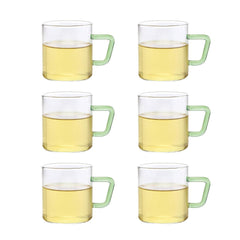 Borosil Vision Classic 190 ML Mug with Green Handle | Transparent | Set of 6 Pcs