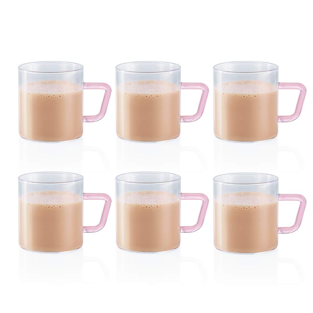 Borosil Vision Classic 190 ML Mug with Pink Handle | Transparent | Set of 6 Pcs