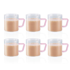 Borosil Vision Classic 190 ML Mug with Pink Handle | Transparent | Set of 6 Pcs