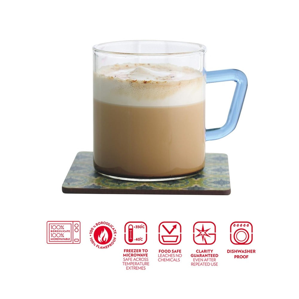 Borosil Vision Classic 190 ML Mug with Blue Handle | Transparent | Set of 6 Pcs