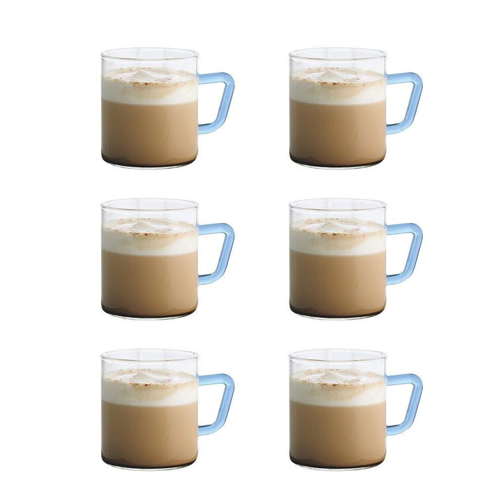Borosil Vision Classic 190 ML Mug with Blue Handle | Transparent | Set of 6 Pcs