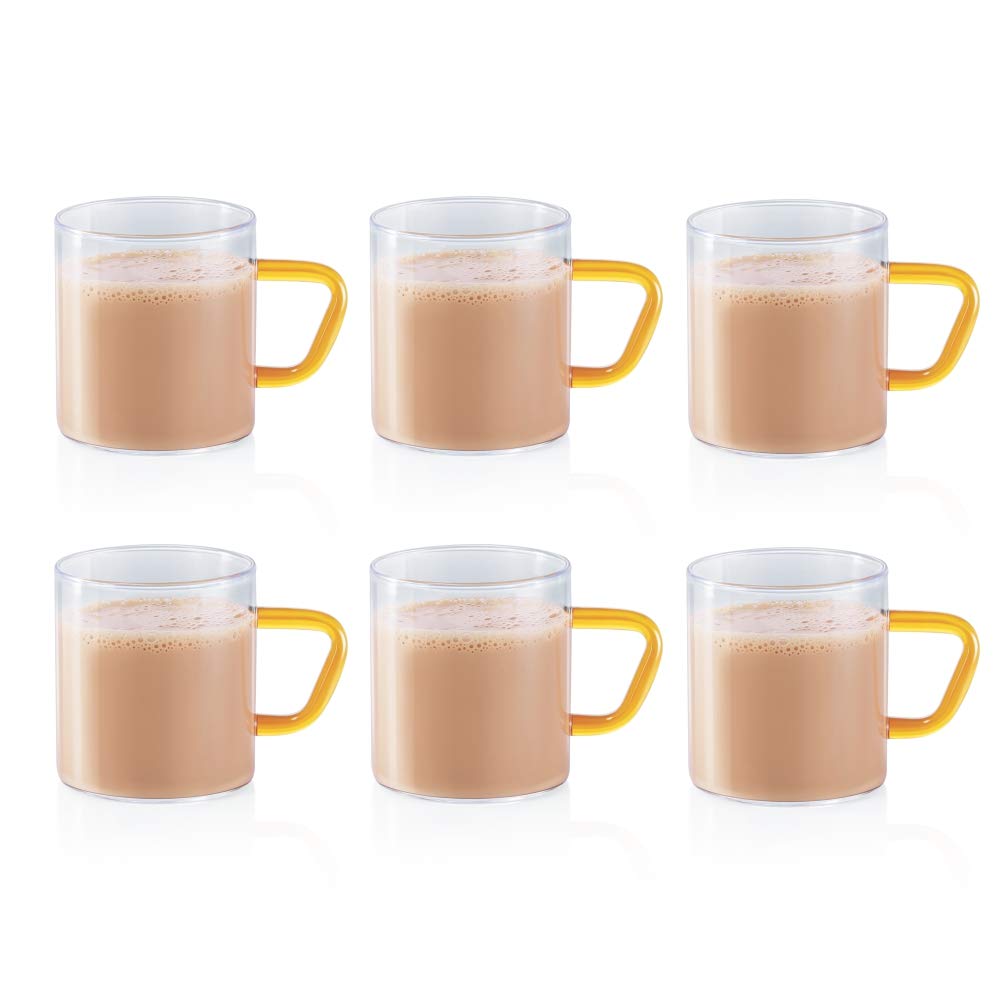 Borosil Vision Classic 190 ML Mug with Yellow Handle | Transparent | Set of 6 Pcs