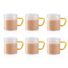 Borosil Vision Classic 190 ML Mug with Yellow Handle | Transparent | Set of 6 Pcs