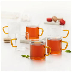 Borosil Vision Classic 190 ML Mug with Yellow Handle | Transparent | Set of 6 Pcs