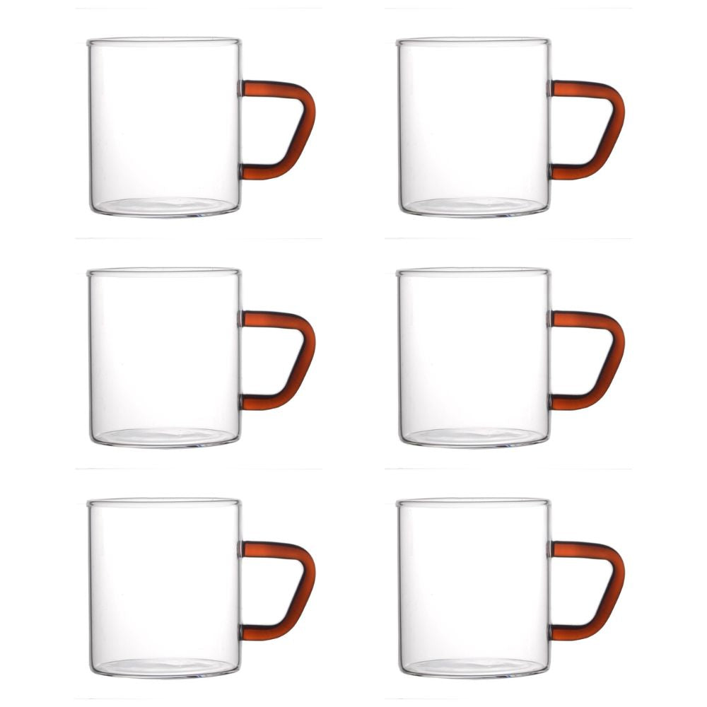 Borosil Vision Classic 190 ML Mug with Brown Handle | Transparent | Set of 6 Pcs