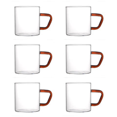 Borosil Vision Classic 190 ML Mug with Brown Handle | Transparent | Set of 6 Pcs
