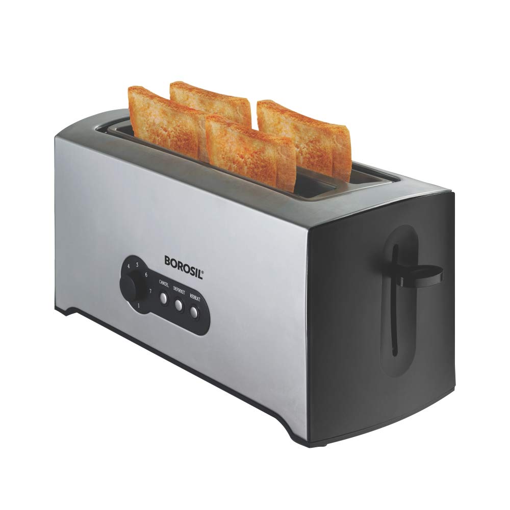 Borosil Krispy 4 Slice 1500 Watt Pop-Up Toaster | Silver & Black