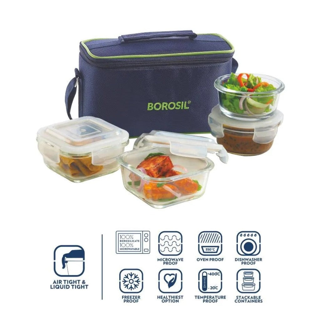 Borosil Microwavable Universal 4 Containers Borosilicate Glass Lunch Box | Set of 4 Pcs