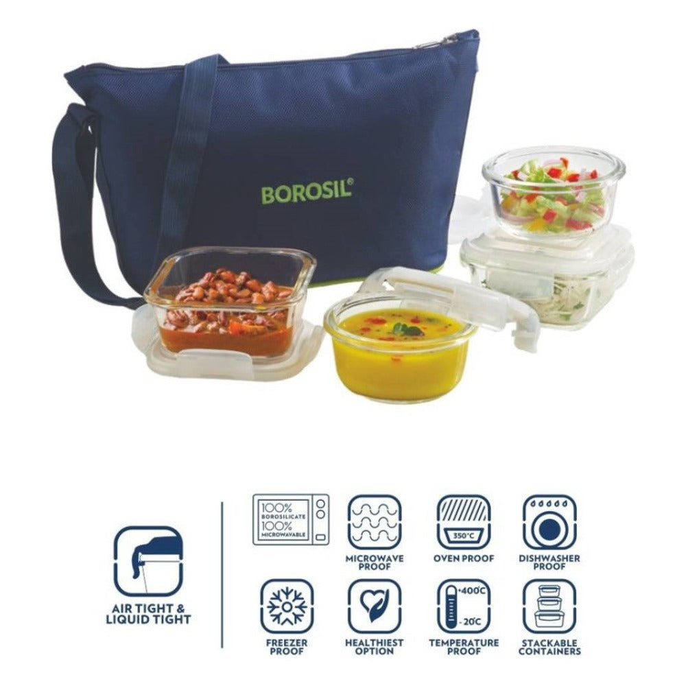 Borosil Microwavable Klip-N-Store Daisy 4 Containers Borosilicate Glass Lunch Box | Set of 4 Pcs