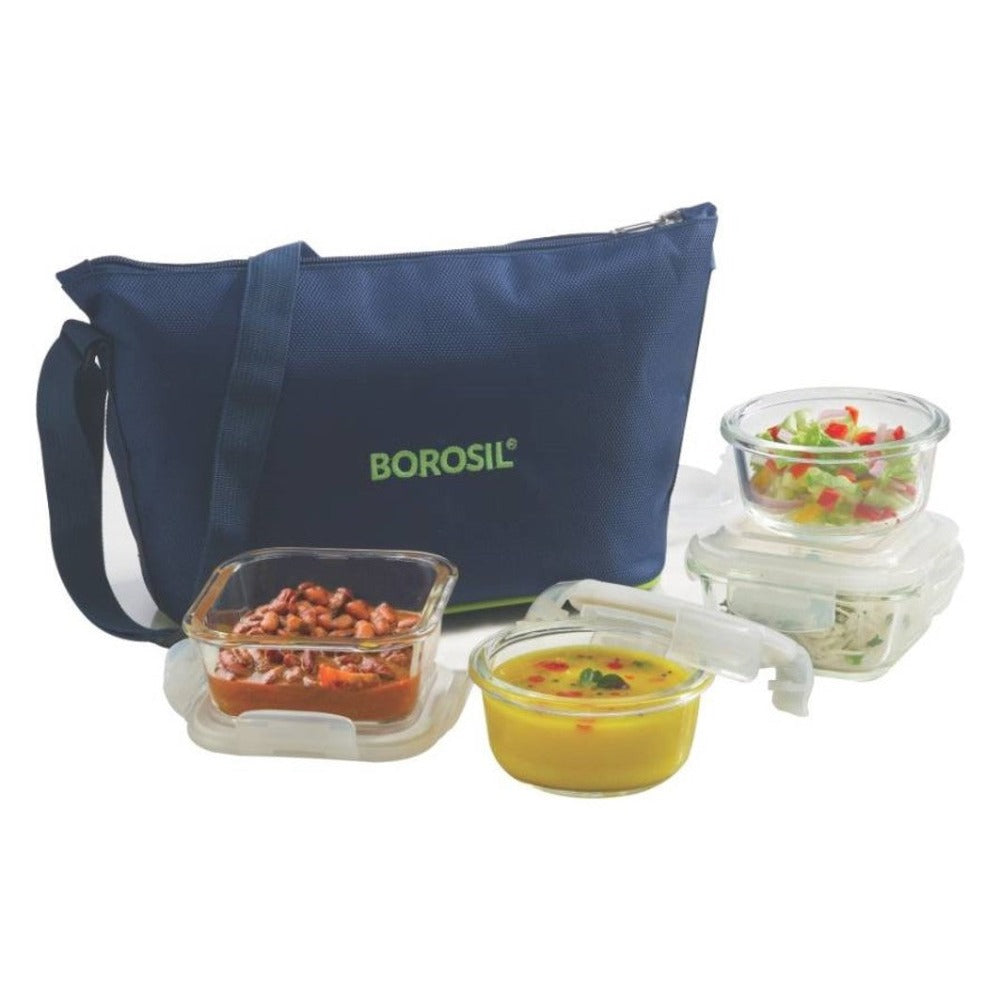 Borosil Microwavable Klip-N-Store Daisy 4 Containers Borosilicate Glass Lunch Box | Set of 4 Pcs