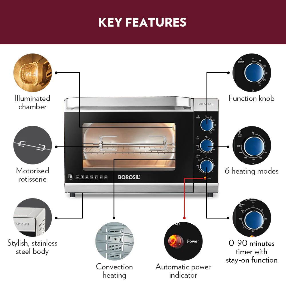 Borosil Prima 48 Litres Digital Oven Toaster & Grill | Motorized Rotisserie & Convection Heating | Silver & Black