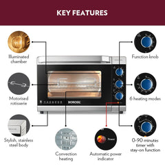 Borosil Prima 48 Litres Digital Oven Toaster & Grill | Motorized Rotisserie & Convection Heating | Silver & Black