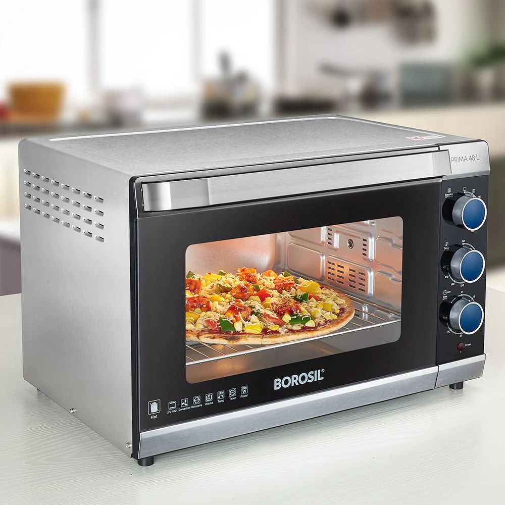 Borosil Prima 48 Litres Digital Oven Toaster & Grill | Motorized Rotisserie & Convection Heating | Silver & Black