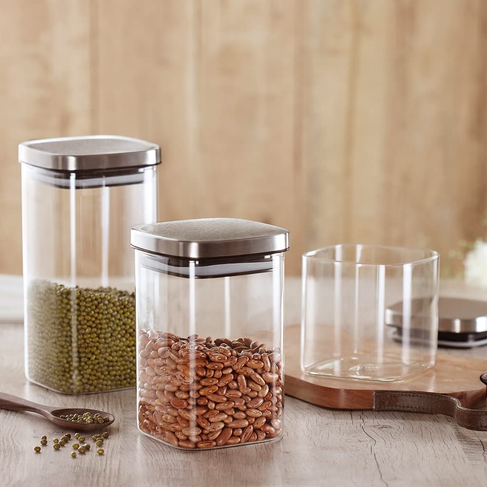 Borosil Classic Square 1000 ML Glass Storage Jar | Transparent | 1 Pc
