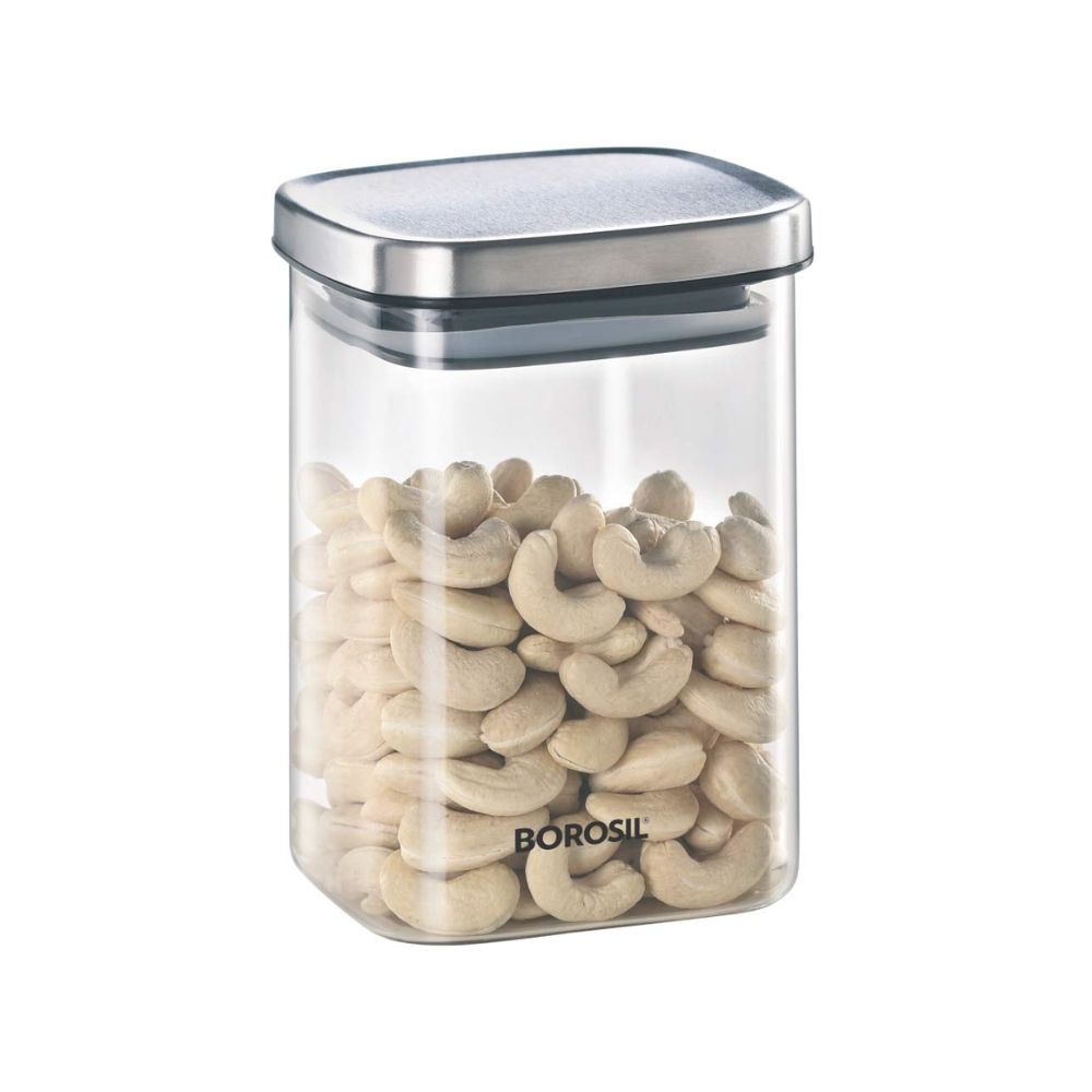 Borosil Classic Square 1000 ML Glass Storage Jar | Transparent | 1 Pc