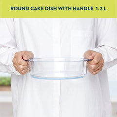 Borosil Round 1200 ML Cake Dish with Handle | Microwave & Oven Safe | Transparent | 1 Pc