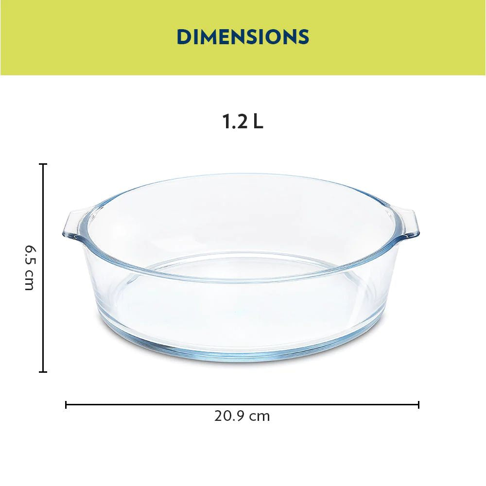 Borosil Round 1200 ML Cake Dish with Handle | Microwave & Oven Safe | Transparent | 1 Pc