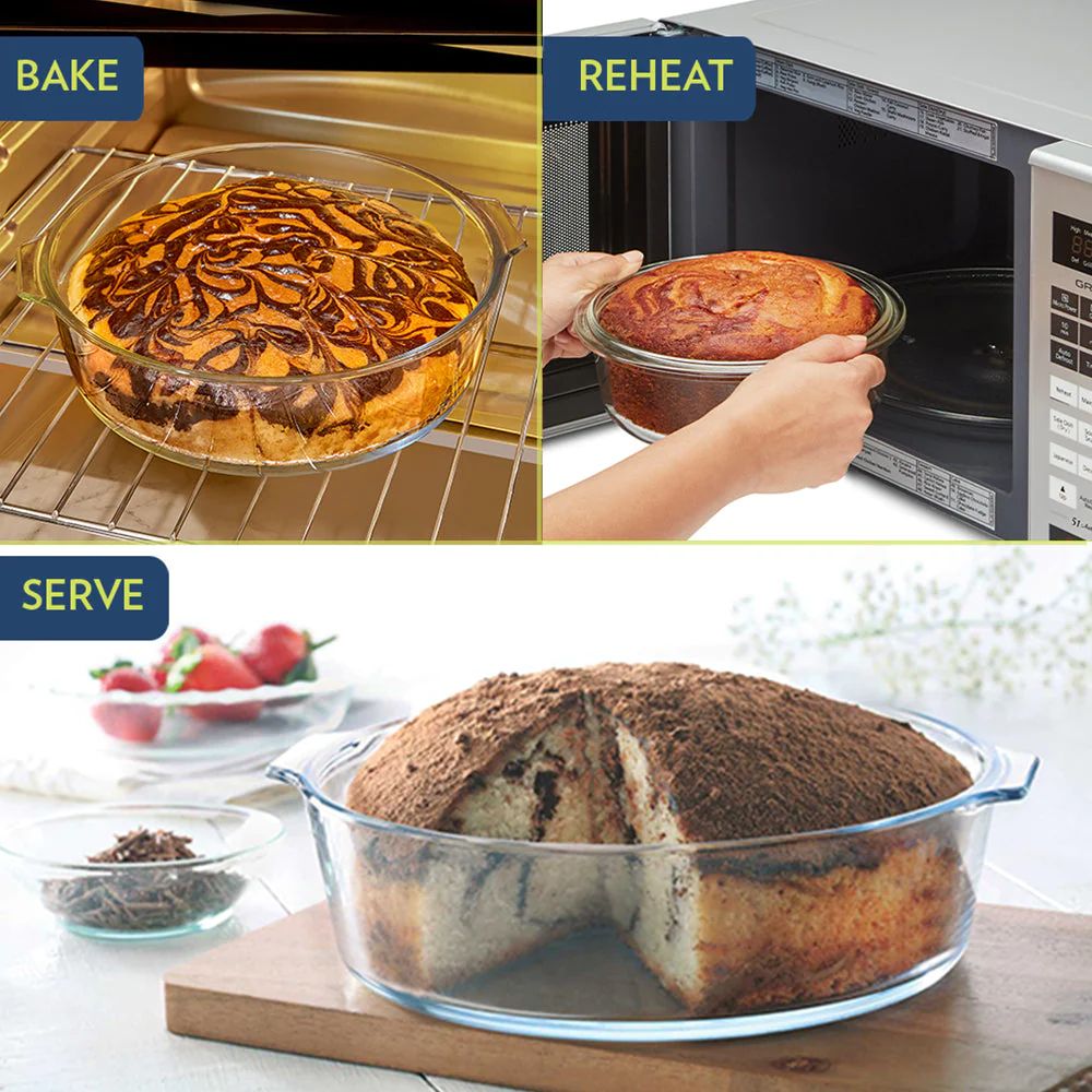 Borosil Round 1200 ML Cake Dish with Handle | Microwave & Oven Safe | Transparent | 1 Pc
