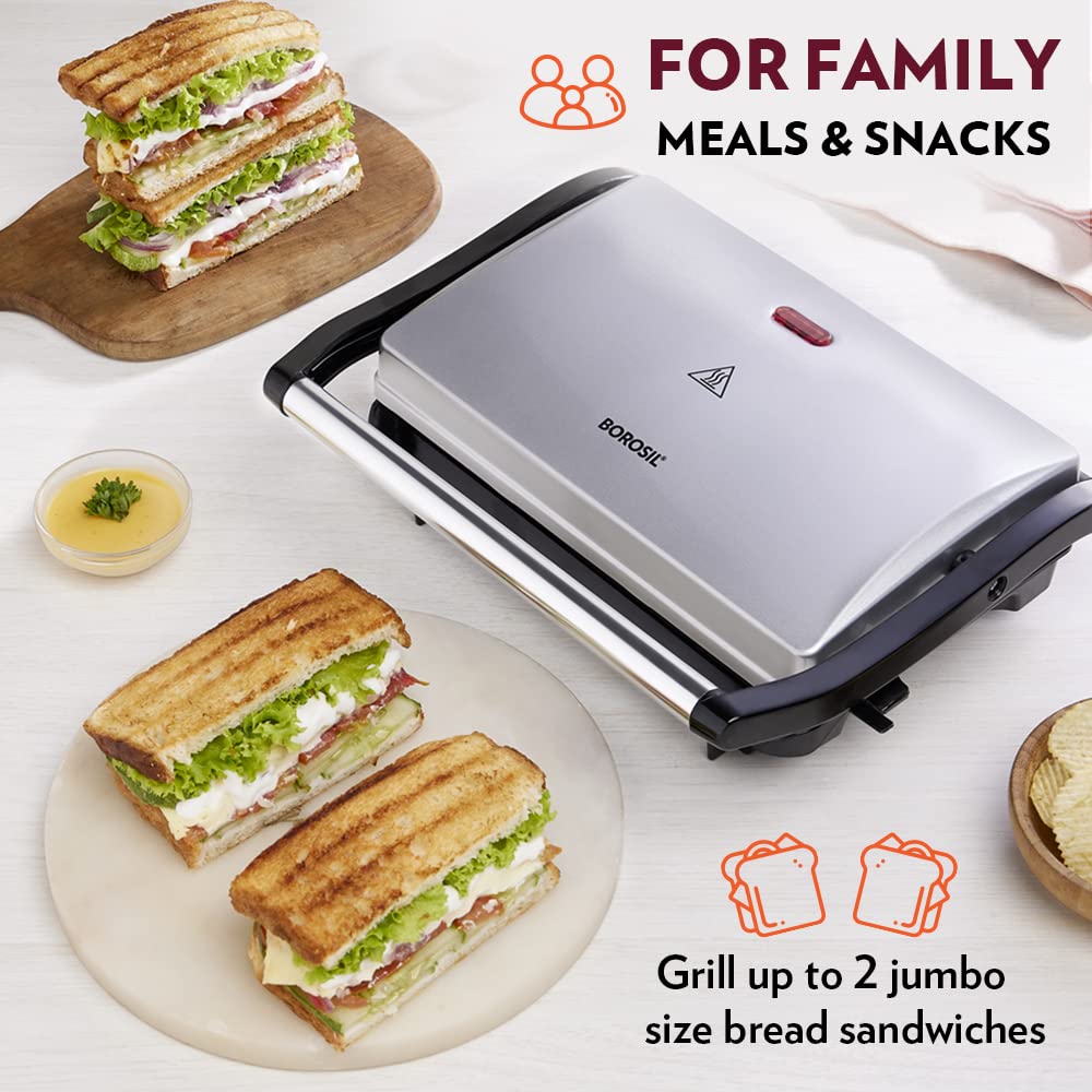 Borosil Prime 700 Watts 2 Slice Grill Sandwich Maker | Grey