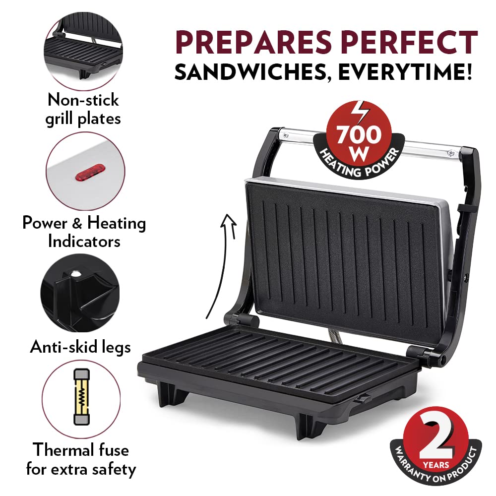 Borosil Prime 700 Watts 2 Slice Grill Sandwich Maker | Grey