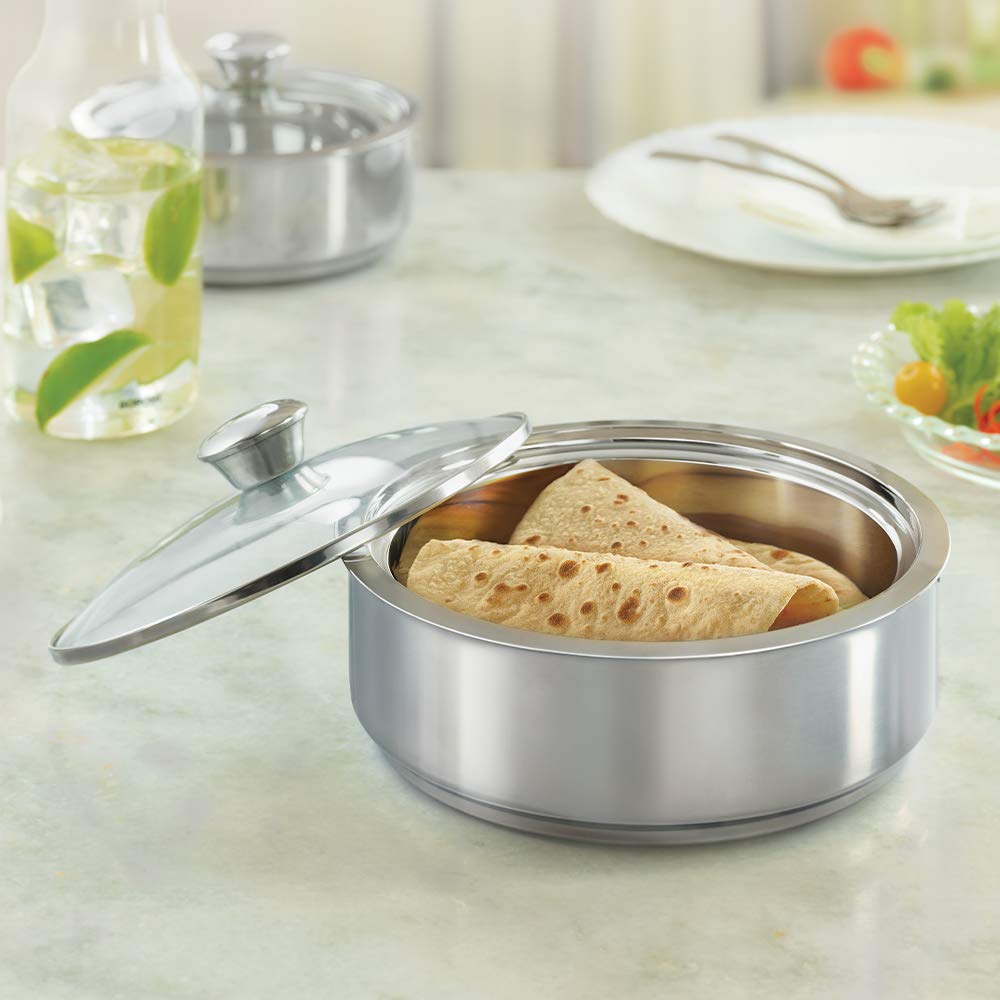Borosil Servefresh Stainless Steel Insulated Roti Server with Glass Lid | Silver | 1 Pc