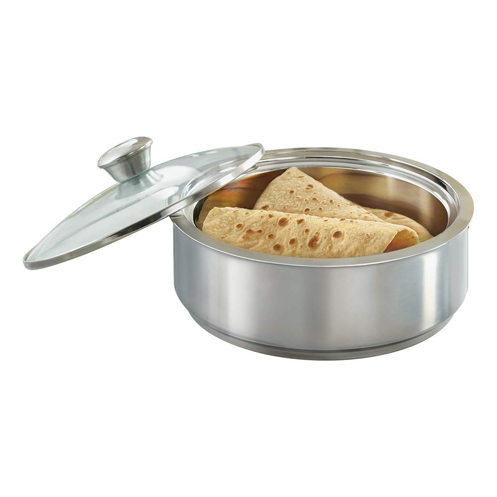 Borosil Servefresh Stainless Steel Insulated Roti Server with Glass Lid | Silver | 1 Pc