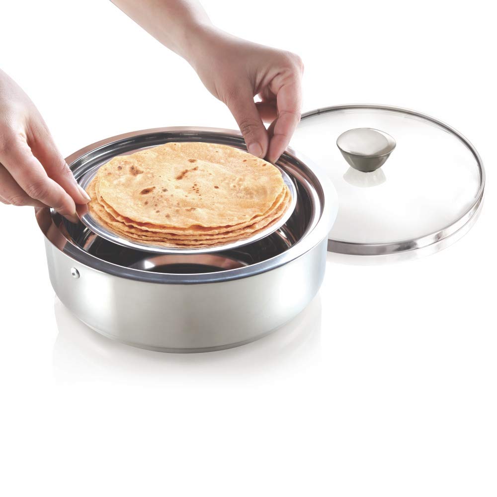 Borosil Servefresh Stainless Steel Insulated Roti Server with Glass Lid | Silver | 1 Pc