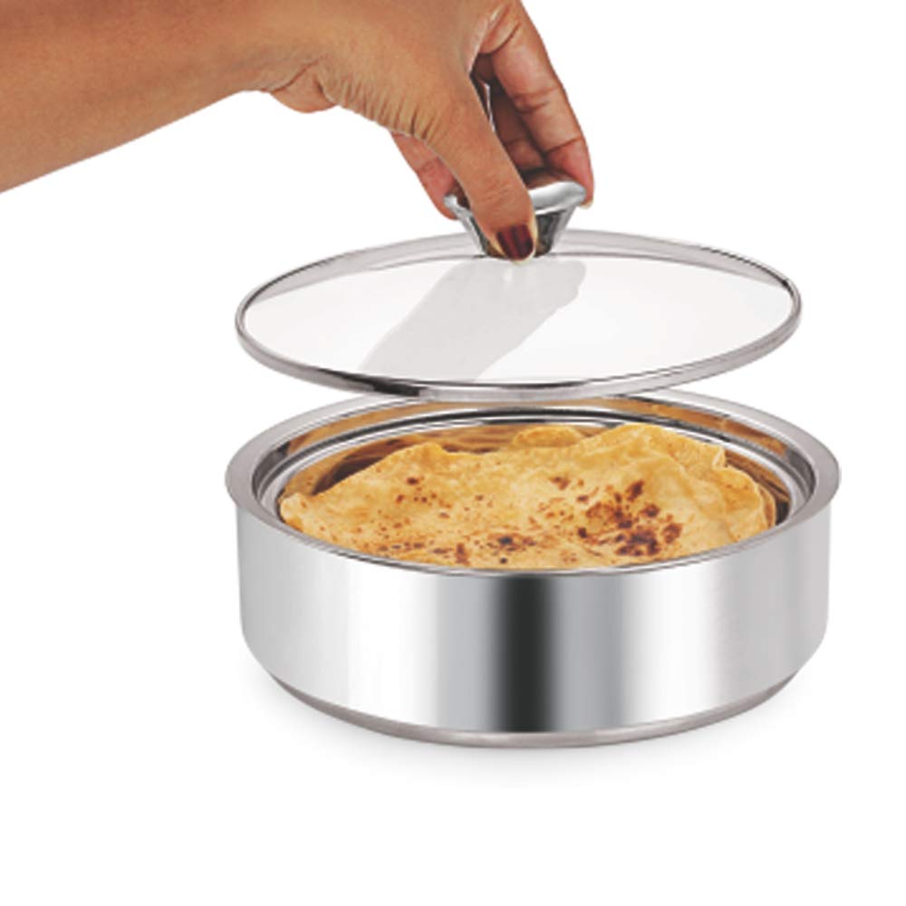 Borosil Servefresh Stainless Steel Insulated Roti Server with Glass Lid | Silver | 1 Pc