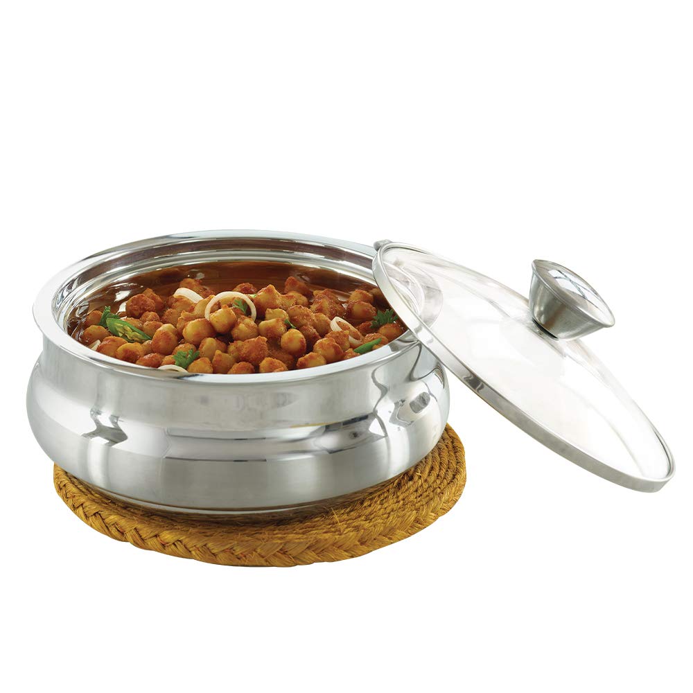 Borosil Servefresh Stainless Steel Insulated Handi Server with Glass Lid | Silver | 1 Pc