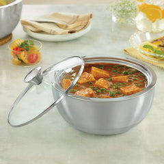 Borosil Servefresh Stainless Steel Insulated Curry Server with Glass Lid | Silver | 1 Pc