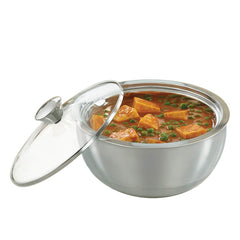 Borosil Servefresh Stainless Steel Insulated Curry Server with Glass Lid | Silver | 1 Pc