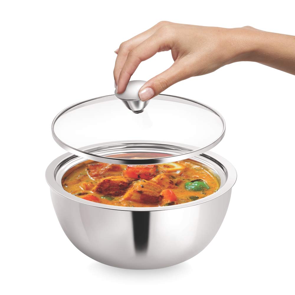 Borosil Servefresh Stainless Steel Insulated Curry Server with Glass Lid | Silver | 1 Pc